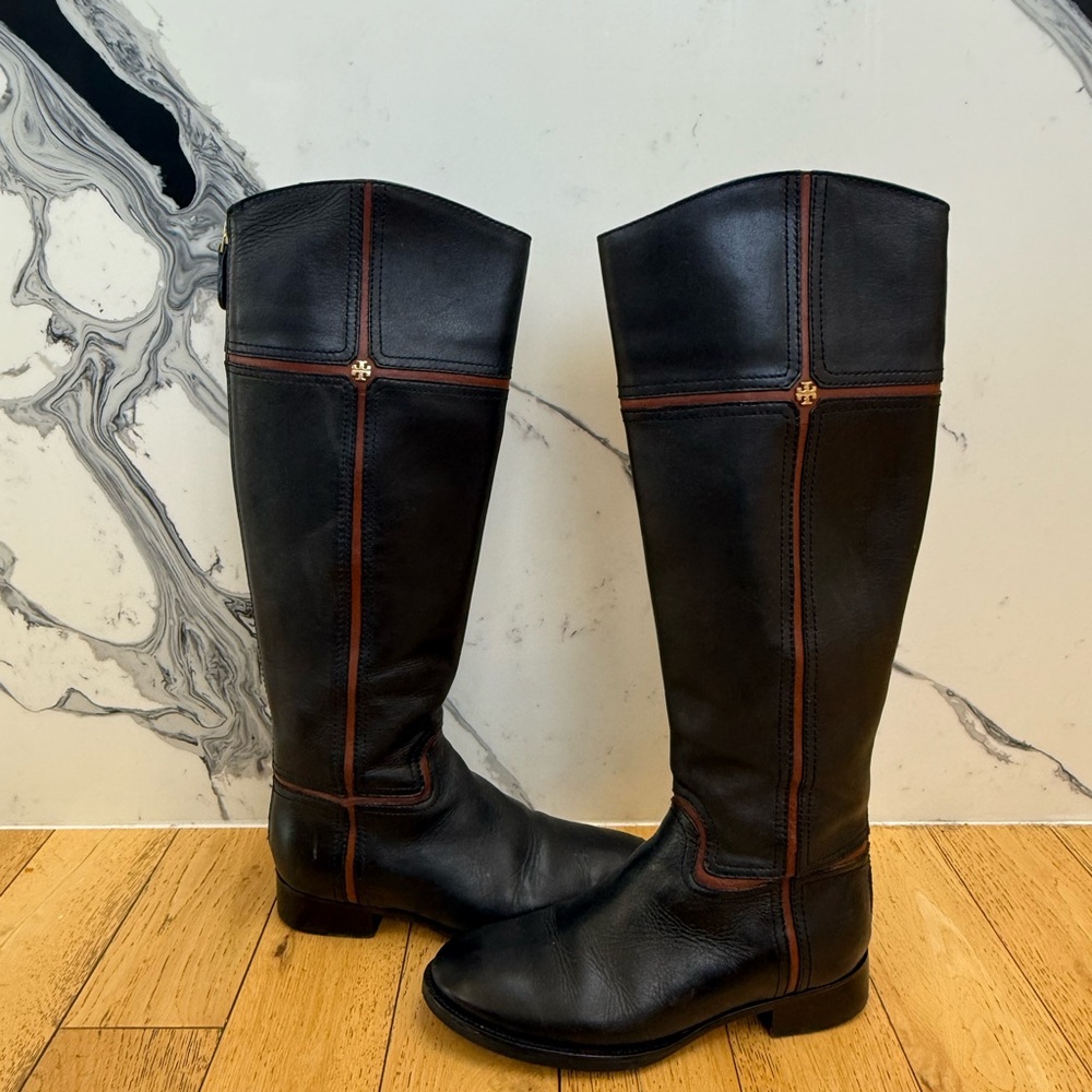 Tory Burch Black Leather Riding Boots with Brown Accents